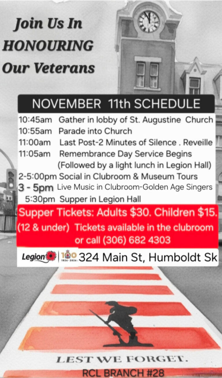 Image of the November 11 Schedule for the Humboldt Legion Branch #28